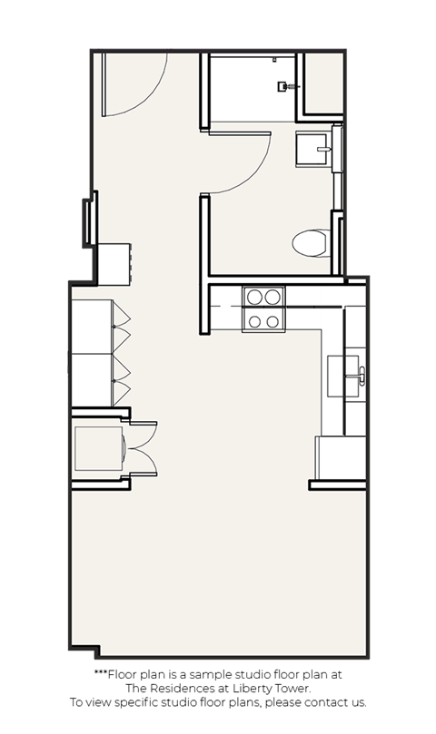 A floor plan of a studio at The Residences at Liberty Tower.